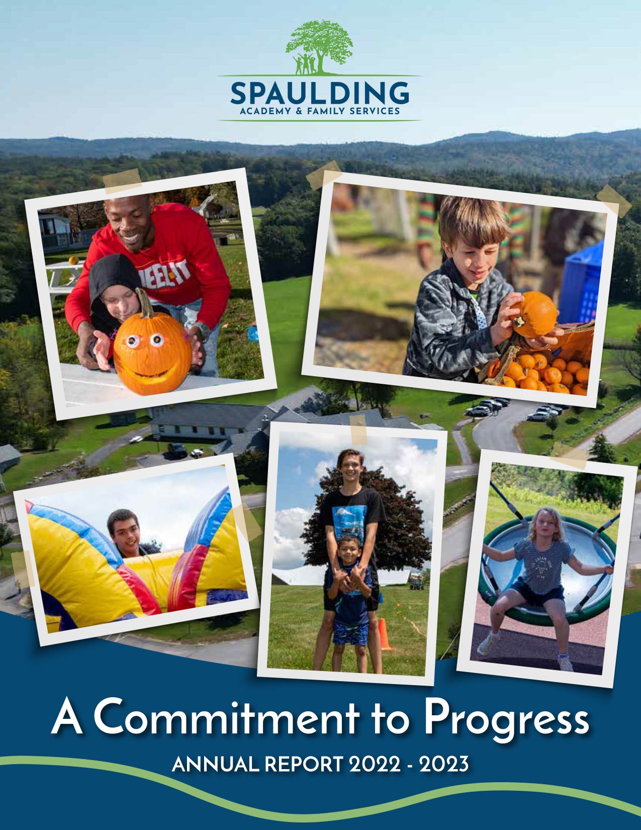 Collage of children doing activities outdoors; pumpkin carving, picking, playing on inflatables.