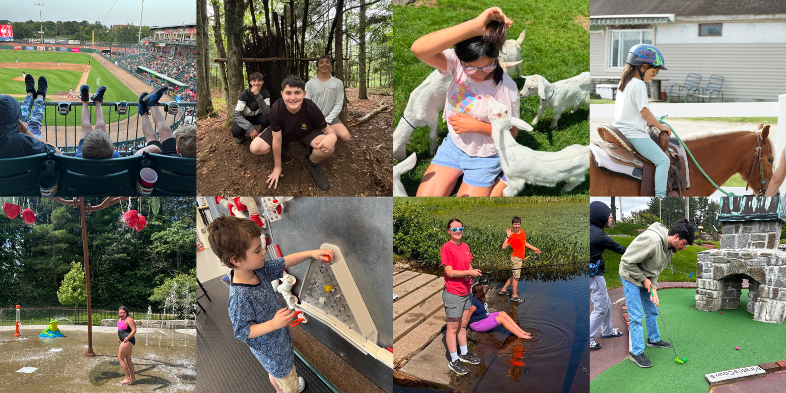 A collage of children and families enjoying various outdoor and indoor activities together.