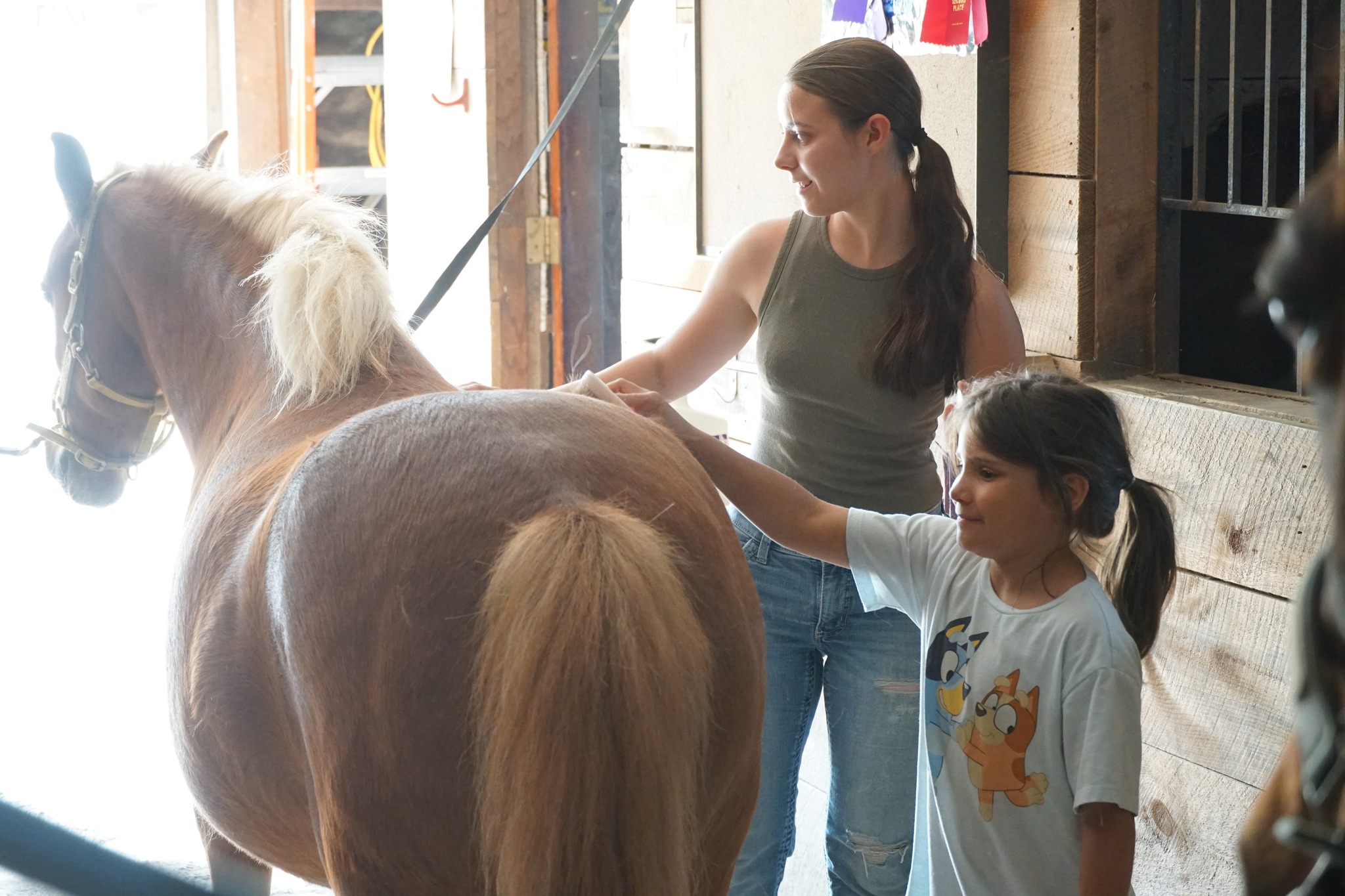 A woman and a young girl pet a brown horse inside a well-lit stable.
