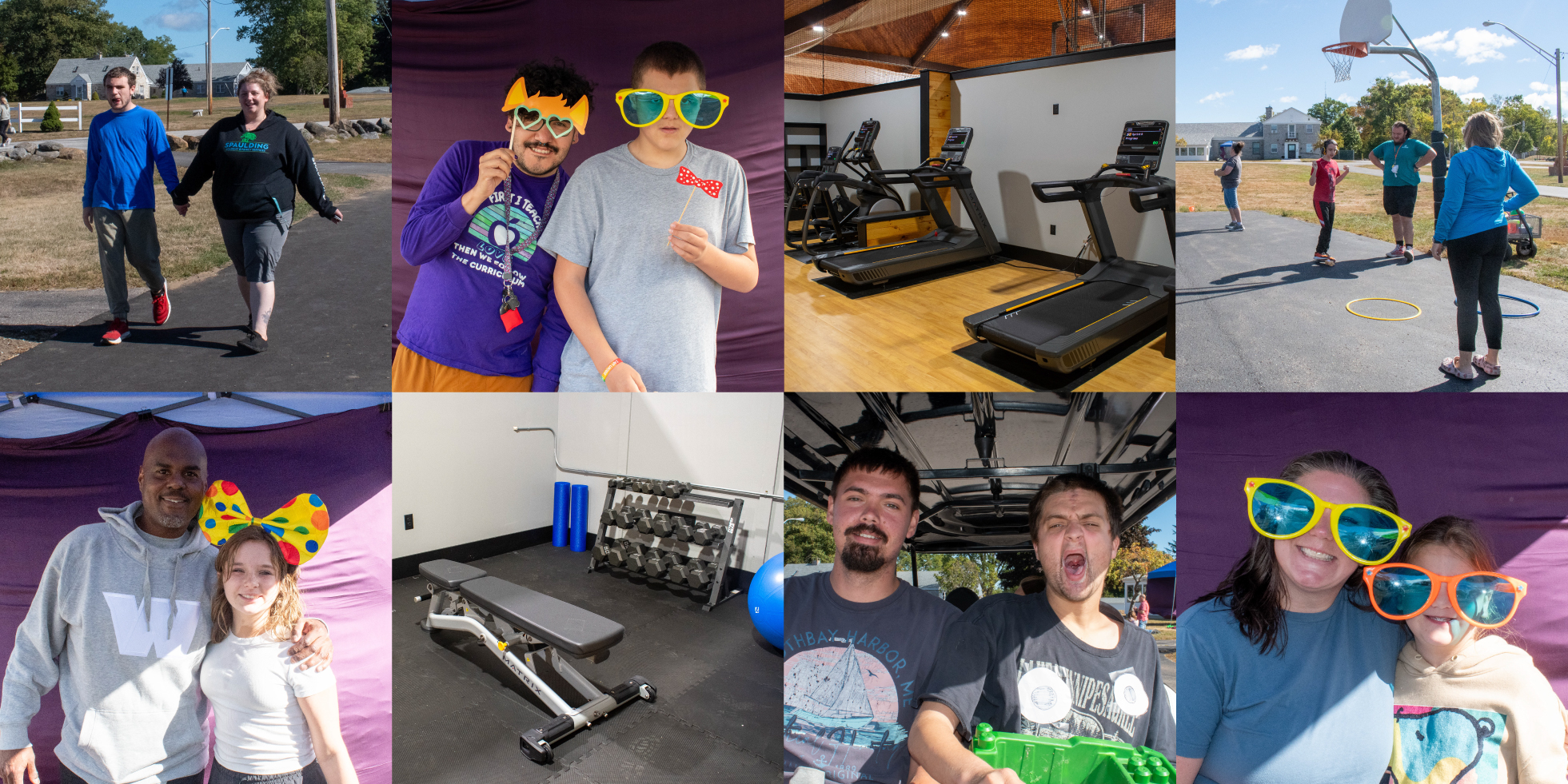 A collage shows people in fun glasses, gym equipment, outdoor games, and smiling pairs posing together.
