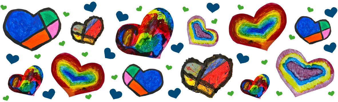 Colorful, hand-drawn rainbow hearts and blue hearts scattered on a white background.