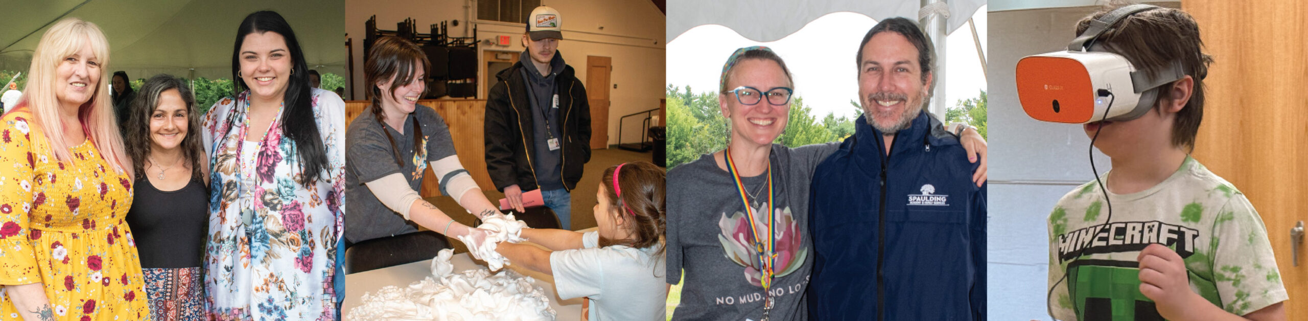 Four photos show people smiling, doing crafts, posing outdoors, and a boy using a virtual reality headset indoors.