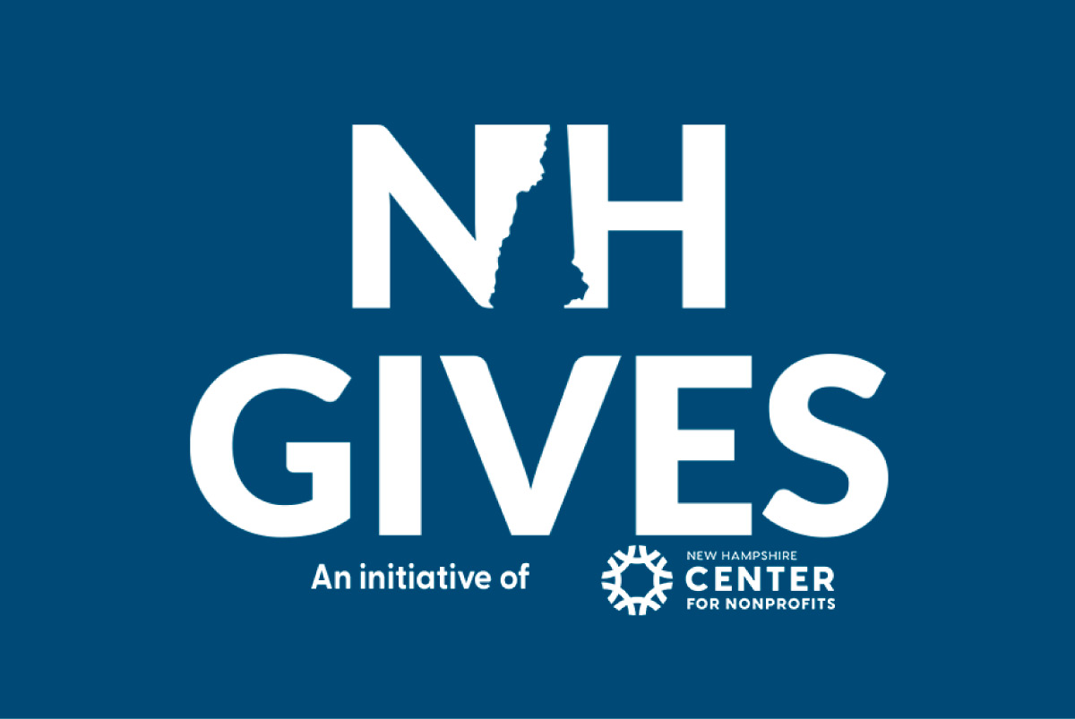 White text NH Gives with NH silhouette, and An initiative of NH Center for Nonprofits on a blue background.