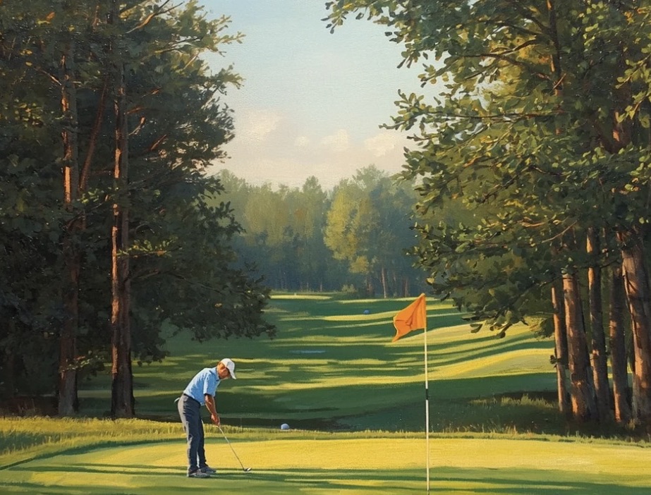 A golfer lines up a putt on a sunny green, surrounded by trees, with an orange flag by the hole.